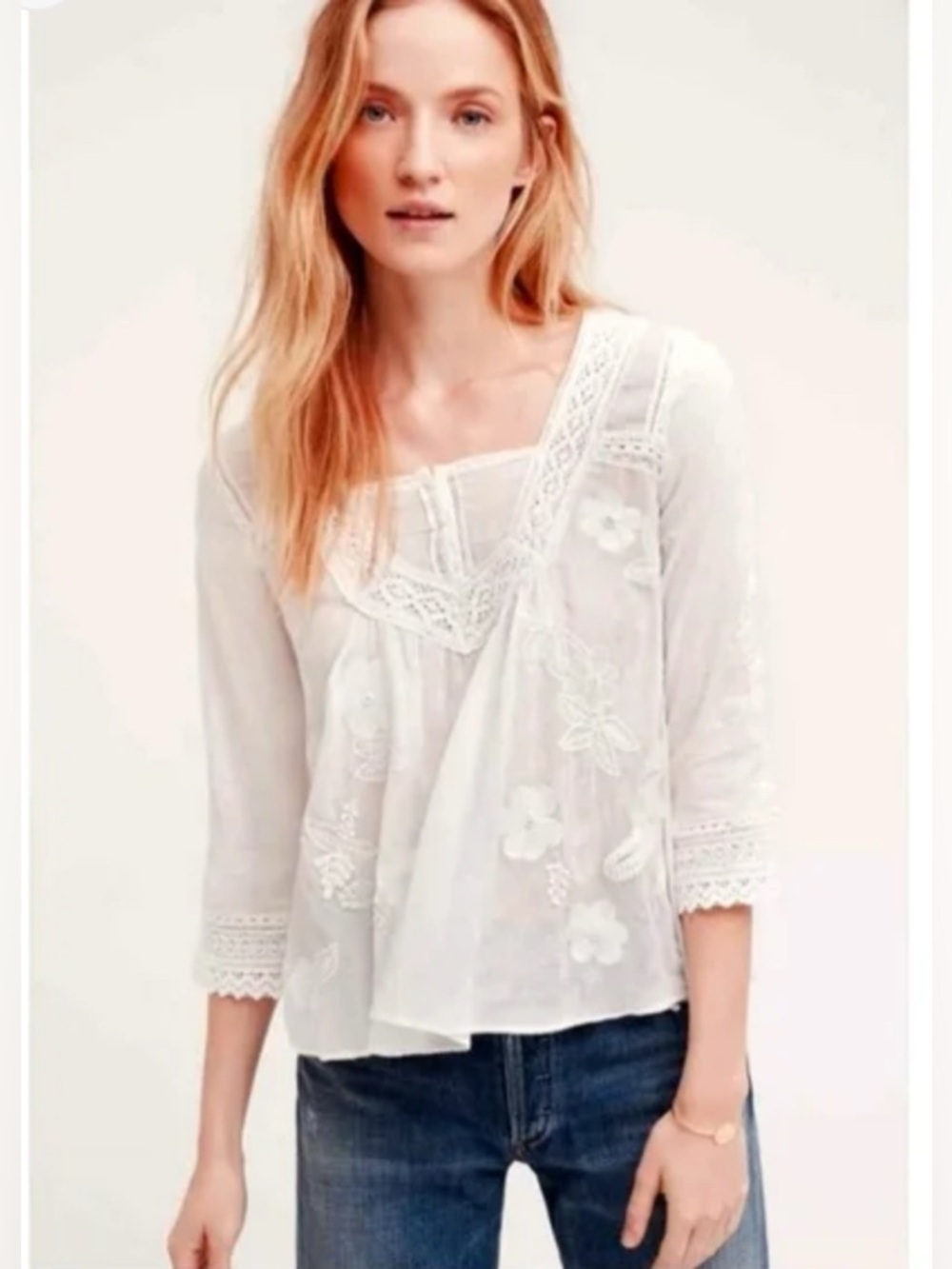 Anthropologie Vanessa Virginia Embroidered Blouse Linen Top Boho Women's Size 2